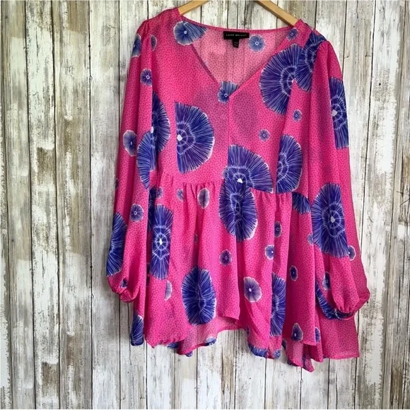 Lane Bryant Relaxed V Neck Babydoll Sheer Blouse in Batik - Picture 2 of 9